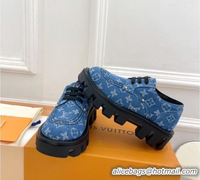 Best Grade Louis Vuitton LV Checker Platform Derby Lace-ups in Blue Monogram Denim 0426140