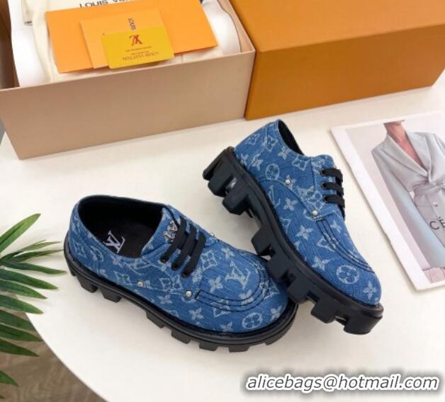 Best Grade Louis Vuitton LV Checker Platform Derby Lace-ups in Blue Monogram Denim 0426140