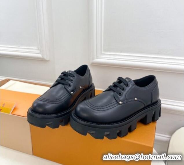 Top Grade Louis Vuitton LV Checker Platform Derby Lace-ups in Black Calf Leather 426142