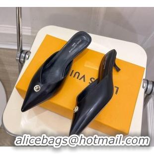 Good Quality Louis Vuitton Stellar Heel Mules 4cm in Black Glazed Leather 426149