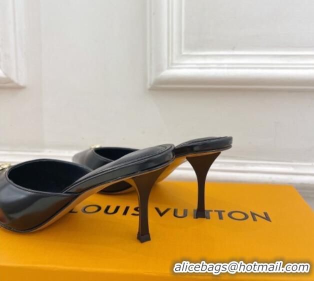 Top Design Louis Vuitton Stellar Heel Mules 7cm in Black Glazed Leather 426156