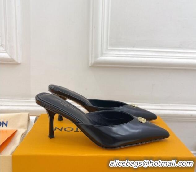 Top Design Louis Vuitton Stellar Heel Mules 7cm in Black Glazed Leather 426156