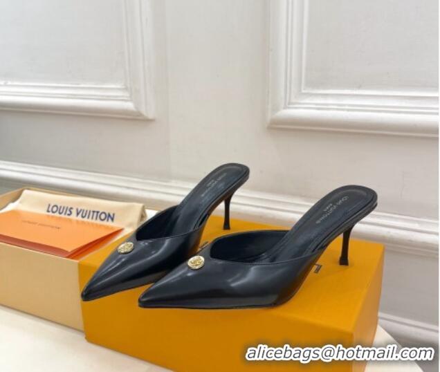 Top Design Louis Vuitton Stellar Heel Mules 7cm in Black Glazed Leather 426156