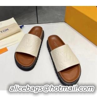 Good Looking Louis Vuitton Women's Monogram Calfskin Flat Slide Sandals with Wide Strap White 426170