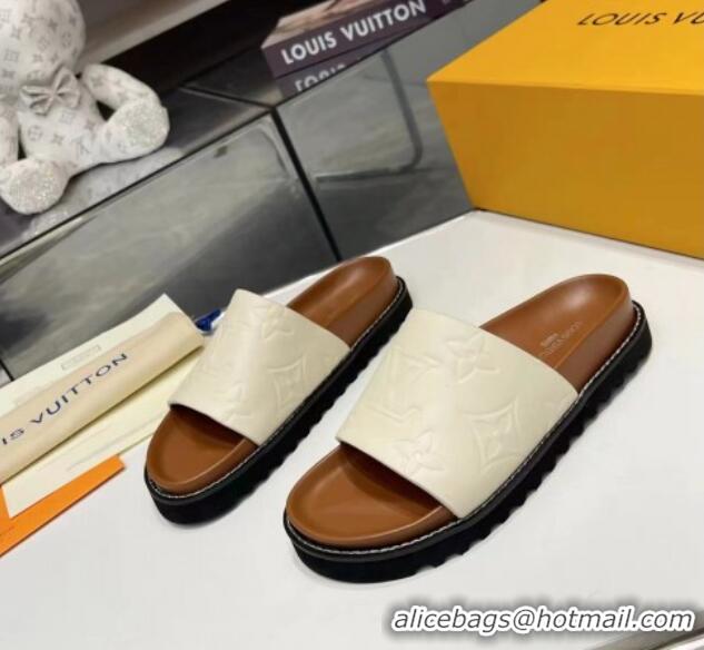 Good Looking Louis Vuitton Women's Monogram Calfskin Flat Slide Sandals with Wide Strap White 426170