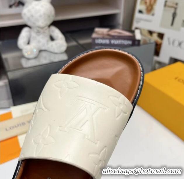 Good Looking Louis Vuitton Women's Monogram Calfskin Flat Slide Sandals with Wide Strap White 426170