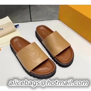 Top Grade Louis Vuitton Women's Monogram Calfskin Flat Slide Sandals with Wide Strap Brown 426171