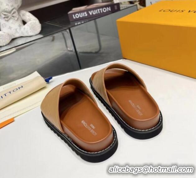 Top Grade Louis Vuitton Women's Monogram Calfskin Flat Slide Sandals with Wide Strap Brown 426171