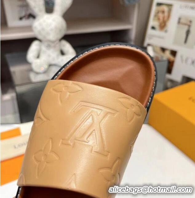 Top Grade Louis Vuitton Women's Monogram Calfskin Flat Slide Sandals with Wide Strap Brown 426171