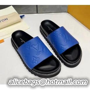 Stylish Louis Vuitton Women's Monogram Calfskin Flat Slide Sandals with Wide Strap Blue 426172