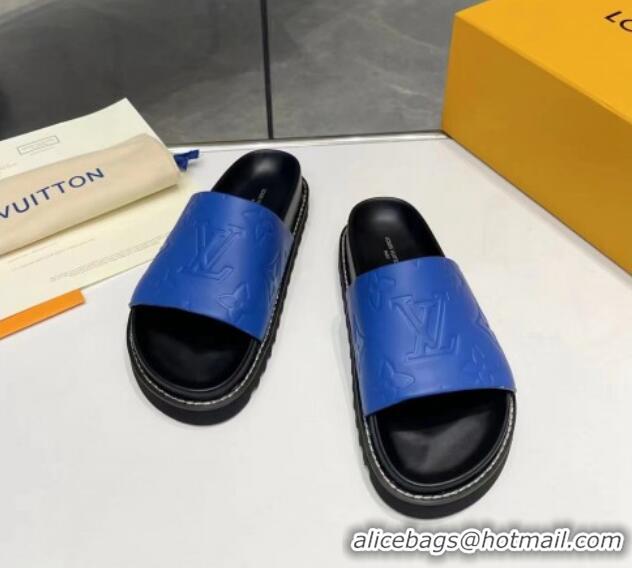 Stylish Louis Vuitton Women's Monogram Calfskin Flat Slide Sandals with Wide Strap Blue 426172