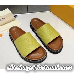 Best Price Louis Vuitton Women's Monogram Calfskin Flat Slide Sandals with Wide Strap Lemon Green 426173