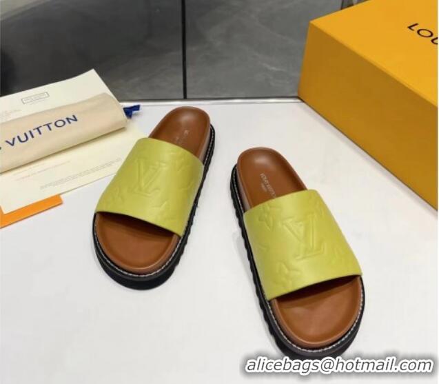 Best Price Louis Vuitton Women's Monogram Calfskin Flat Slide Sandals with Wide Strap Lemon Green 426173