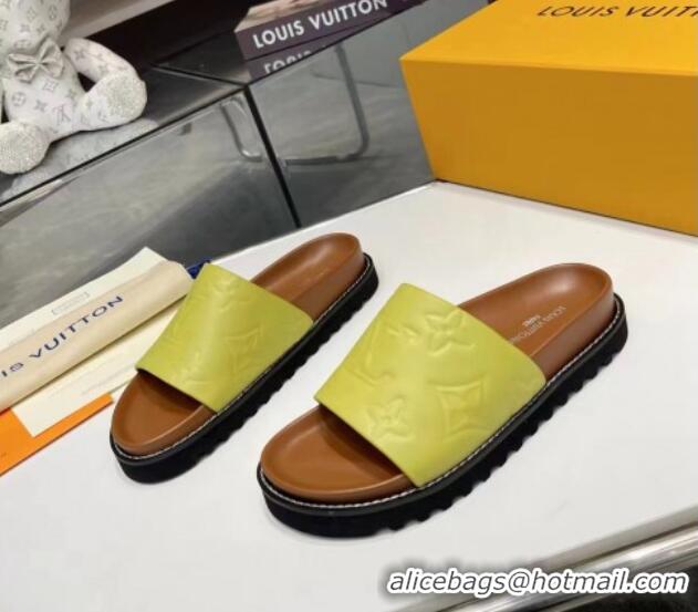 Best Price Louis Vuitton Women's Monogram Calfskin Flat Slide Sandals with Wide Strap Lemon Green 426173