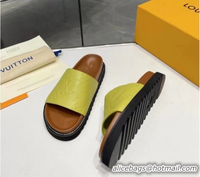 Best Price Louis Vuitton Women's Monogram Calfskin Flat Slide Sandals with Wide Strap Lemon Green 426173