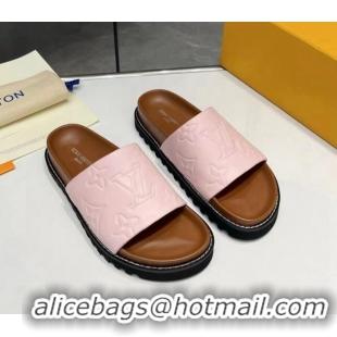 Good Quality Louis Vuitton Women's Monogram Calfskin Flat Slide Sandals with Wide Strap Light Pink 426174