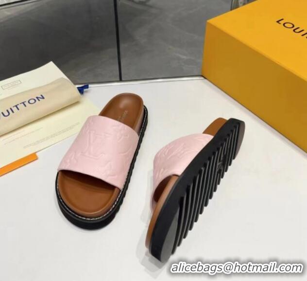 Good Quality Louis Vuitton Women's Monogram Calfskin Flat Slide Sandals with Wide Strap Light Pink 426174