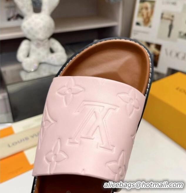 Good Quality Louis Vuitton Women's Monogram Calfskin Flat Slide Sandals with Wide Strap Light Pink 426174