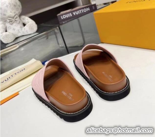 Good Quality Louis Vuitton Women's Monogram Calfskin Flat Slide Sandals with Wide Strap Light Pink 426174