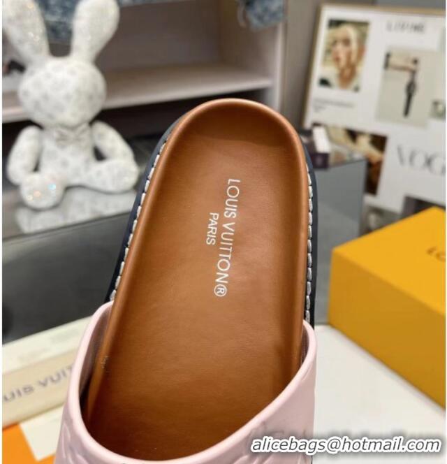 Good Quality Louis Vuitton Women's Monogram Calfskin Flat Slide Sandals with Wide Strap Light Pink 426174