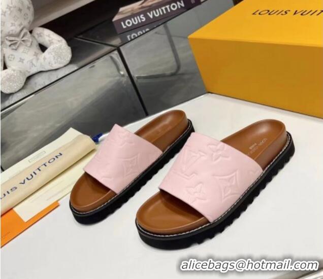 Good Quality Louis Vuitton Women's Monogram Calfskin Flat Slide Sandals with Wide Strap Light Pink 426174