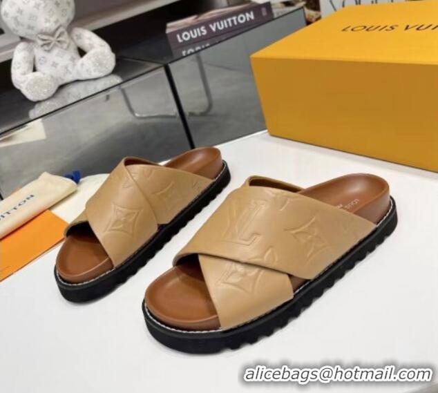 Sumptuous Louis Vuitton Women's Monogram Calfskin Flat Slide Sandals with Cross Strap Brown 426175