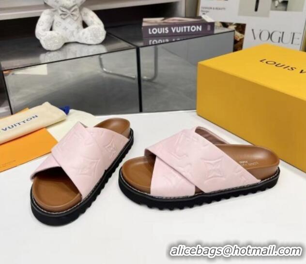 Grade Quality Louis Vuitton Women's Monogram Calfskin Flat Slide Sandals with Cross Strap Light Pink 426177