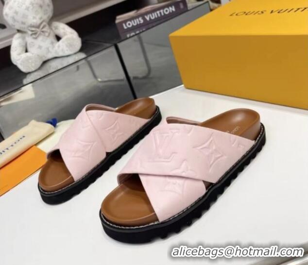 Grade Quality Louis Vuitton Women's Monogram Calfskin Flat Slide Sandals with Cross Strap Light Pink 426177