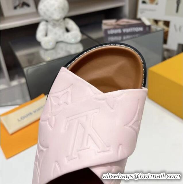 Grade Quality Louis Vuitton Women's Monogram Calfskin Flat Slide Sandals with Cross Strap Light Pink 426177