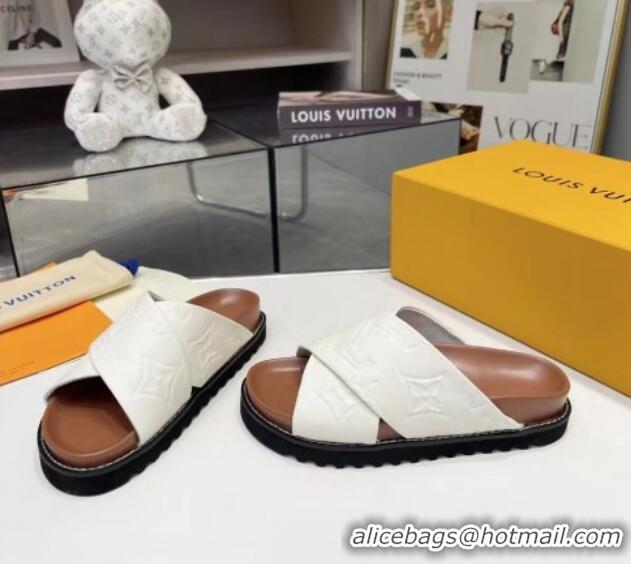 Classic Hot Louis Vuitton Women's Monogram Calfskin Flat Slide Sandals with Cross Strap White 426178