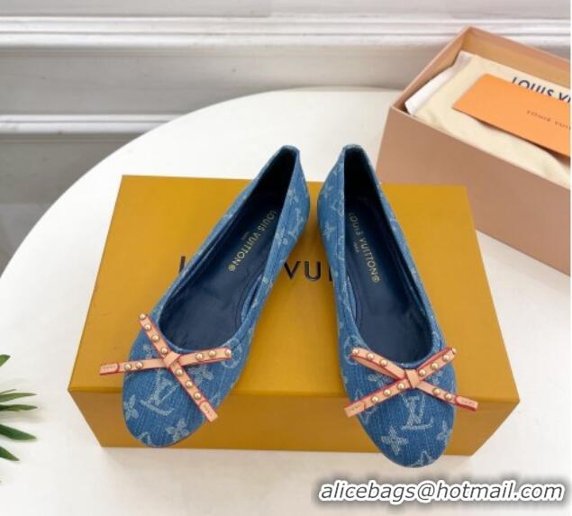 Low Cost Louis Vuitton Nina Flat Ballerinas in Blue1 Monogram Denim with Stud Bow 426185