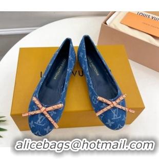 Pretty Style Louis Vuitton Nina Flat Ballerinas in Blue Monogram Denim with Stud Bow Dark Blue 426187