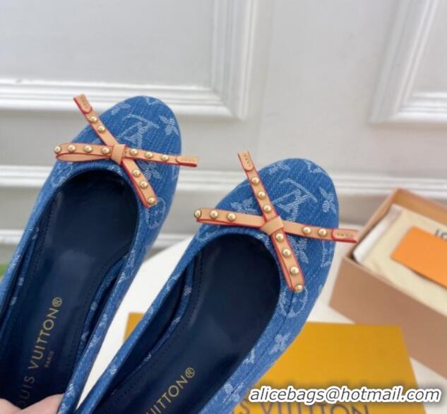 Pretty Style Louis Vuitton Nina Flat Ballerinas in Blue Monogram Denim with Stud Bow Dark Blue 426187