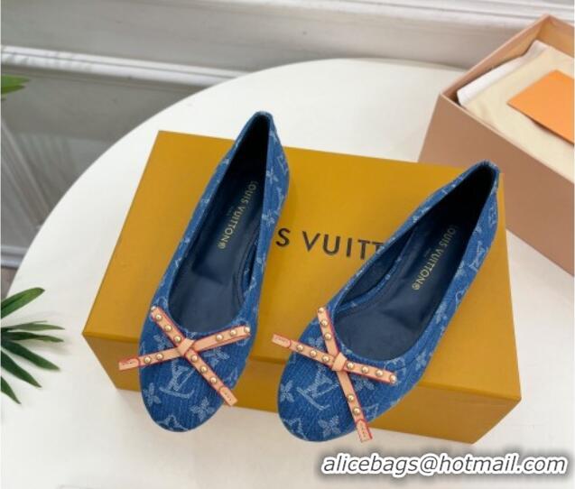 Pretty Style Louis Vuitton Nina Flat Ballerinas in Blue Monogram Denim with Stud Bow Dark Blue 426187