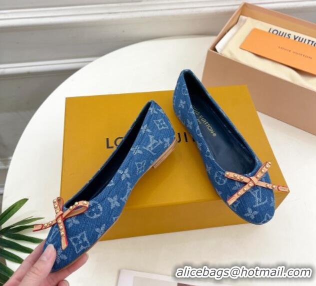 Pretty Style Louis Vuitton Nina Flat Ballerinas in Blue Monogram Denim with Stud Bow Dark Blue 426187