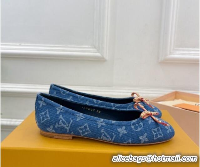 Pretty Style Louis Vuitton Nina Flat Ballerinas in Blue Monogram Denim with Stud Bow Dark Blue 426187