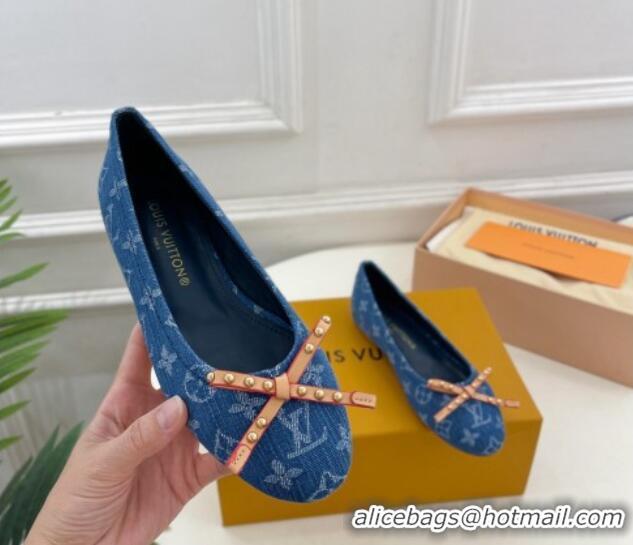 Pretty Style Louis Vuitton Nina Flat Ballerinas in Blue Monogram Denim with Stud Bow Dark Blue 426187