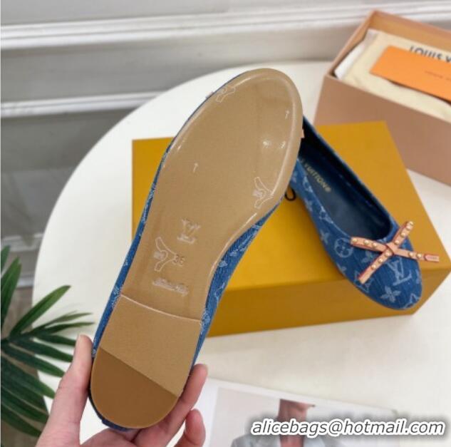 Pretty Style Louis Vuitton Nina Flat Ballerinas in Blue Monogram Denim with Stud Bow Dark Blue 426187