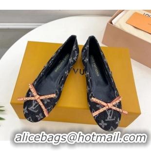 Good Quality Louis Vuitton Nina Flat Ballerinas in Blue Monogram Denim with Stud Bow Black 426188