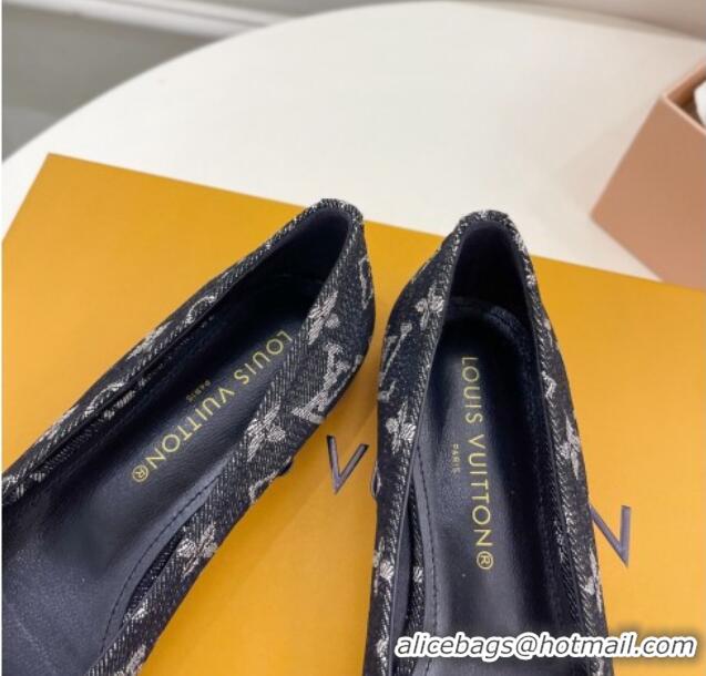 Good Quality Louis Vuitton Nina Flat Ballerinas in Blue Monogram Denim with Stud Bow Black 426188