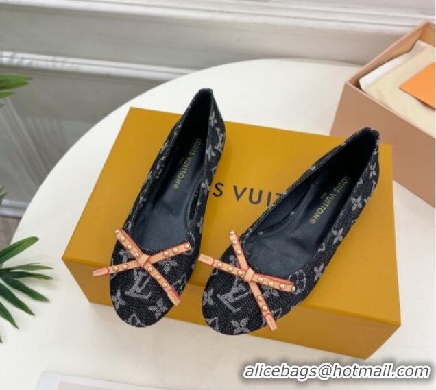 Good Quality Louis Vuitton Nina Flat Ballerinas in Blue Monogram Denim with Stud Bow Black 426188