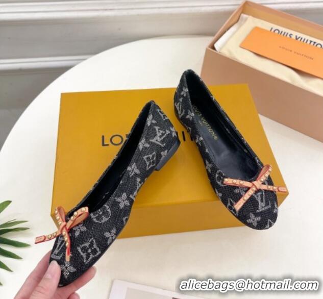 Good Quality Louis Vuitton Nina Flat Ballerinas in Blue Monogram Denim with Stud Bow Black 426188