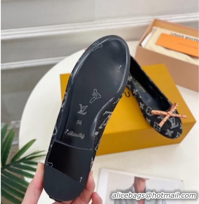 Good Quality Louis Vuitton Nina Flat Ballerinas in Blue Monogram Denim with Stud Bow Black 426188