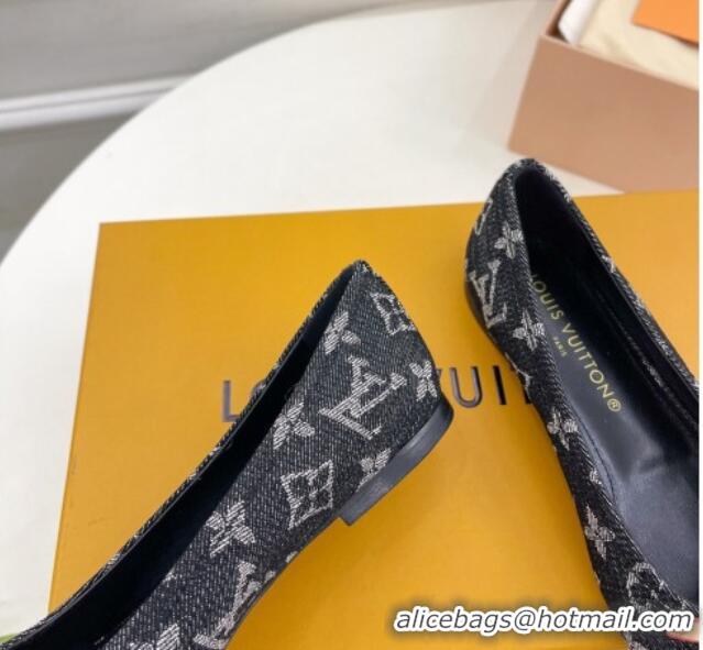 Good Quality Louis Vuitton Nina Flat Ballerinas in Blue Monogram Denim with Stud Bow Black 426188