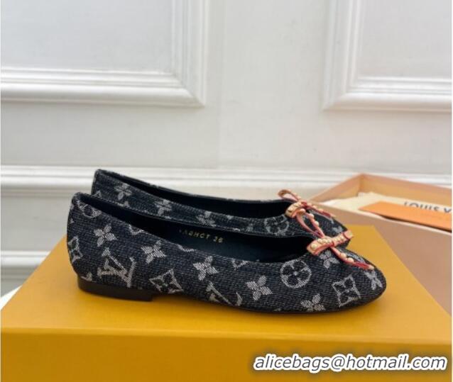 Good Quality Louis Vuitton Nina Flat Ballerinas in Blue Monogram Denim with Stud Bow Black 426188