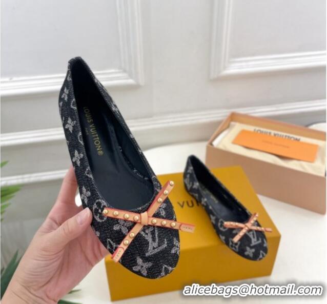 Good Quality Louis Vuitton Nina Flat Ballerinas in Blue Monogram Denim with Stud Bow Black 426188