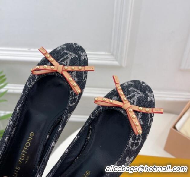 Good Quality Louis Vuitton Nina Flat Ballerinas in Blue Monogram Denim with Stud Bow Black 426188