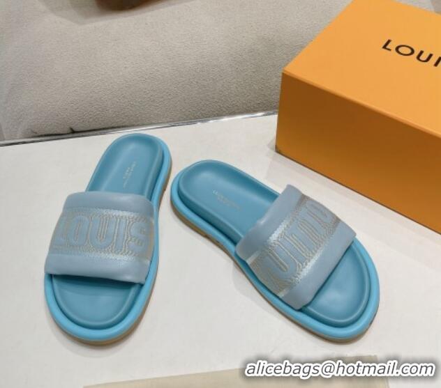 Stylish Louis Vuitton LV Bliss Comfort Flat Slide Sandals in Leather and Textile Blue 426190