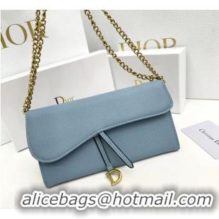 Buy Discount Dior Large Saddle Wallet on Chain Clutch in Grained Calfskin 500523 Light Blue