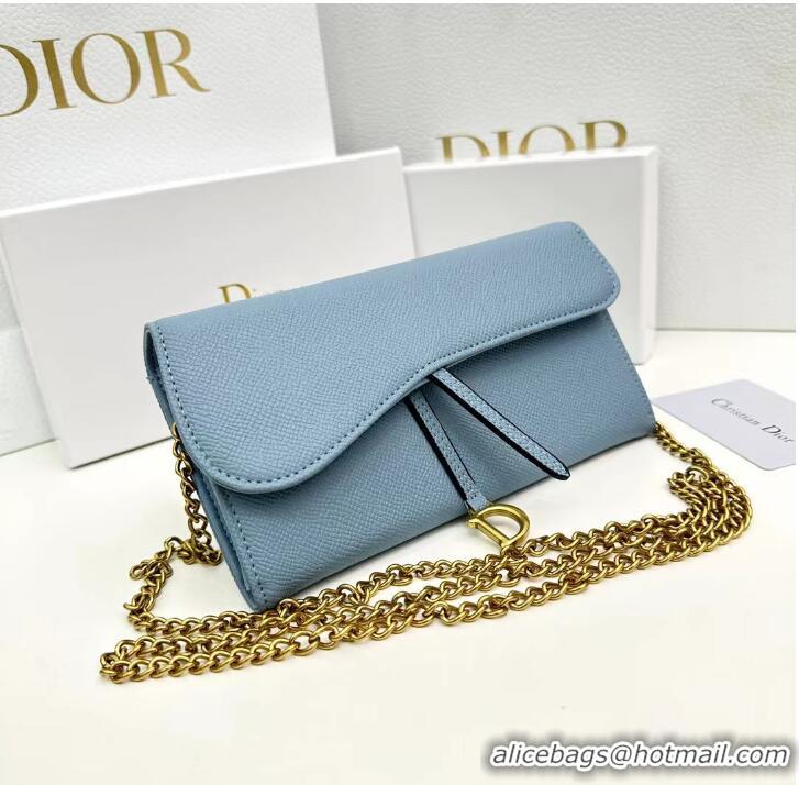 Buy Discount Dior Large Saddle Wallet on Chain Clutch in Grained Calfskin 500523 Light Blue